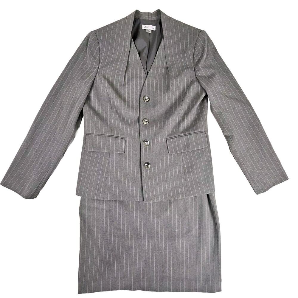 Tahari Blazer & Skirt Suit Set (Size 10) Gray W/ Pink Stripes, 4 Button, Office